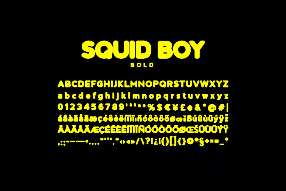 Squid Boy font alphabet specimen displaying stylized letters for graphic design projects
