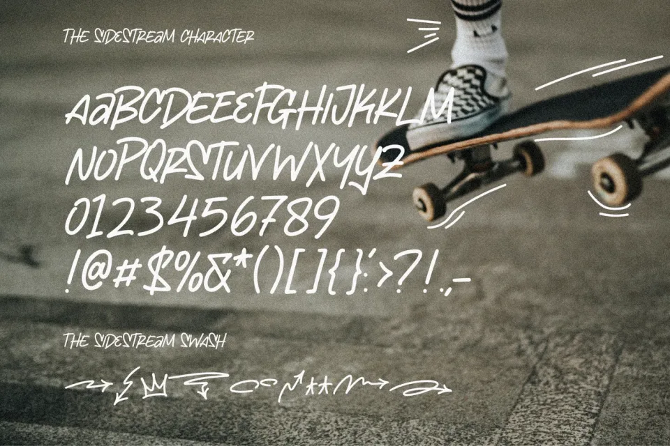 The Sidestream Handwritten Display Font featuring expressive lettering and decorative swashes for modern design projects