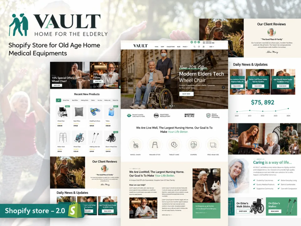VAULT Shopify Theme, Elder Care Shopify Theme, Medical Equipment Shopify Theme, Old Age Home Website Theme, Senior Care Store Theme, Healthcare Shopify Theme, Mobility Aids Online Store, Wheelchair St
