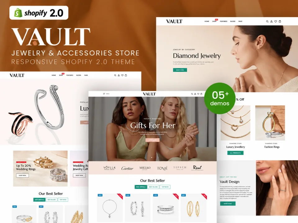 VAULT Jewelry & Accessories Shopify 2.0 Theme featuring luxury diamond jewelry, rings, earrings, necklaces, and responsive ecommerce storefront designs.